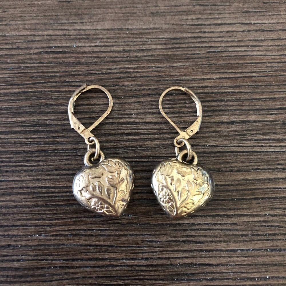 Gold tone 3D puff textured heart clip hook earrings